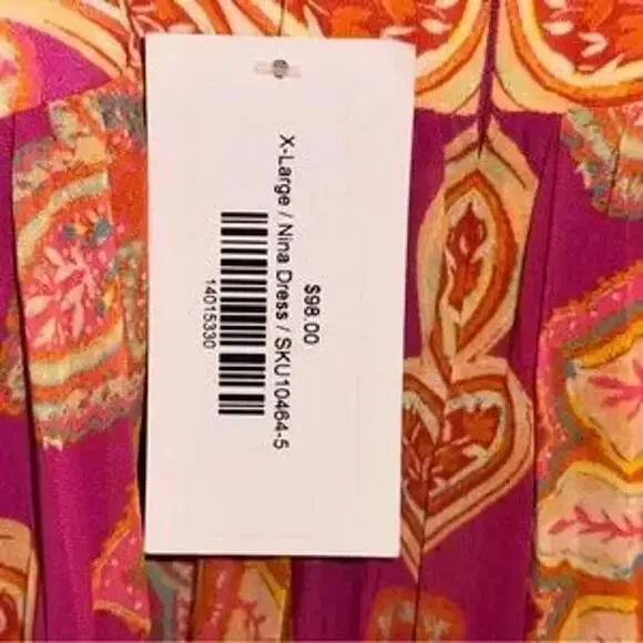 NWT High Neck Pink and Orange Paisley Pleated Open Back Maxi Dress Size XL